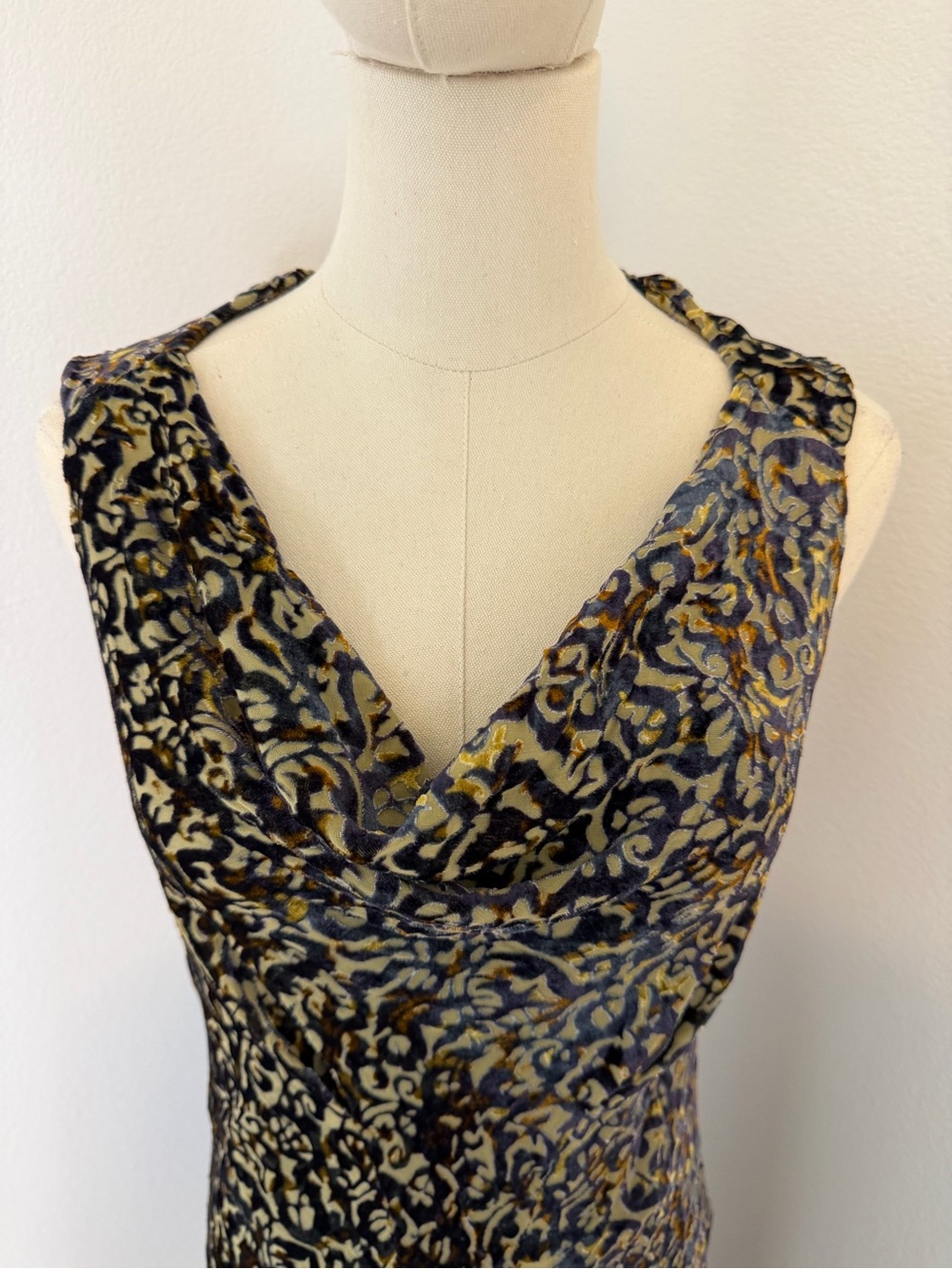 Peruvian Connection Velvet Blue & Gold Cowl-Neck Midi Dress Size 8 - Picture 3 of 8